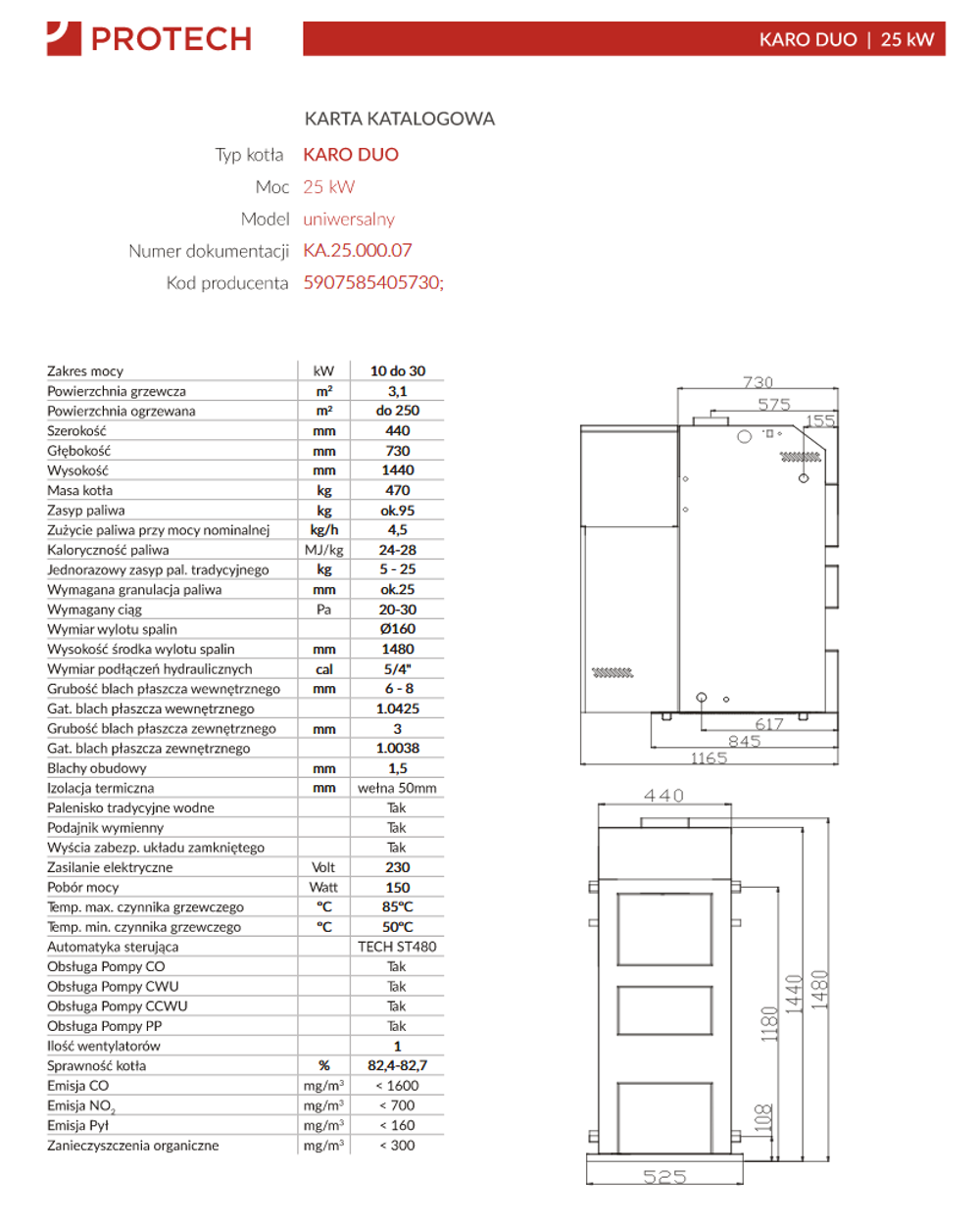 Parametry kotła Protech Karo Duo 25 kW