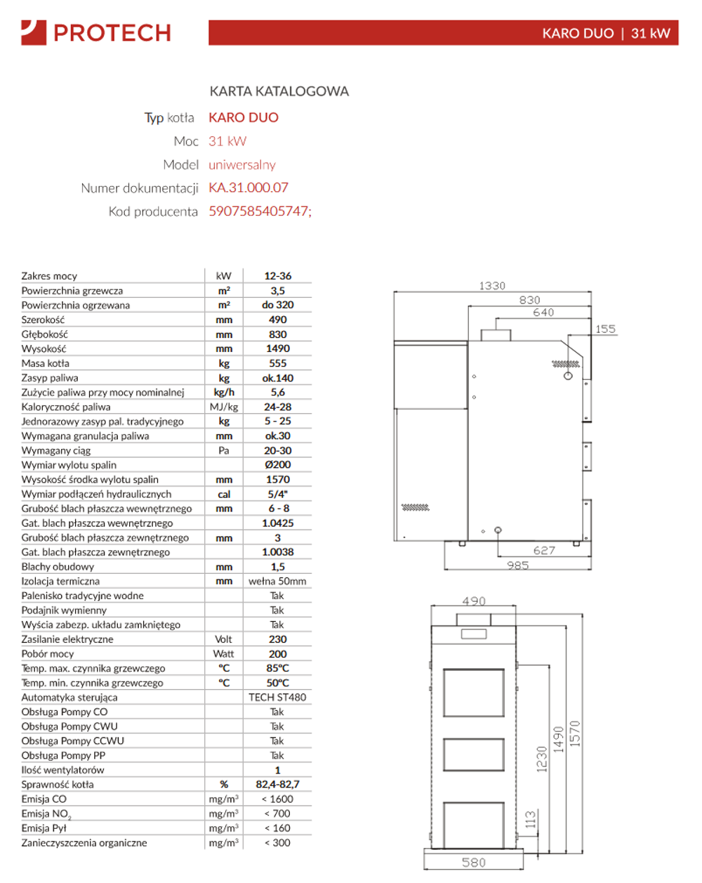 Parametry kotła Protech Karo Duo 31 kW